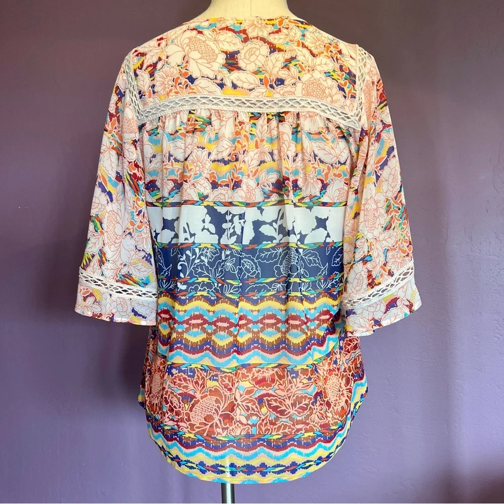 🧡Anthropologie Meadow Rue Colorful Patterned Boho Blouse w Lace - Picture 2 of 4